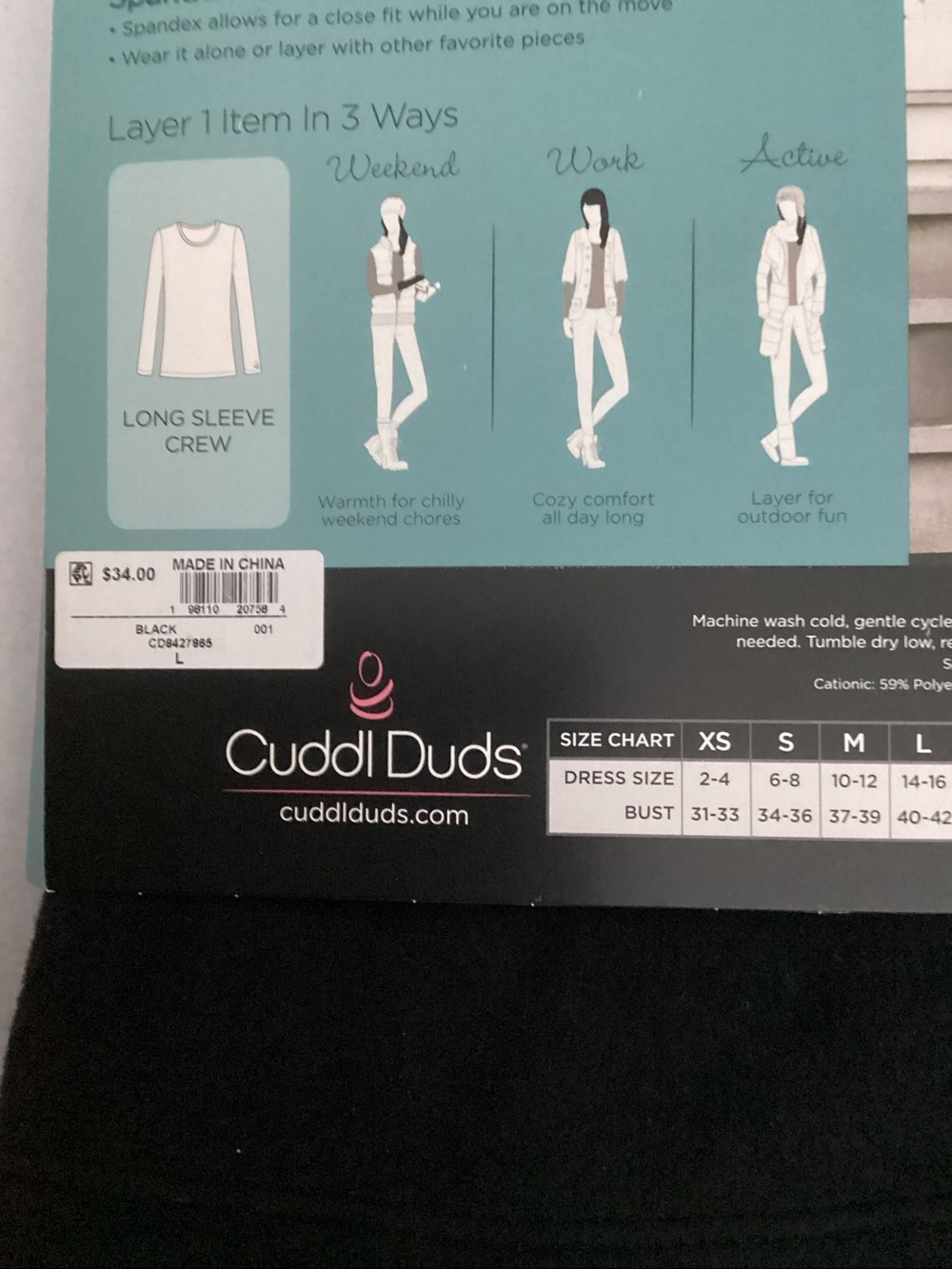 Cuddl Duds Black Fleecewear with Stretch Long Sleeve Crew Top - Picture 5 of 5